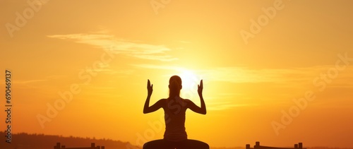 The Silhouette of a Young Woman Embracing Yoga in the Beauty of a Sunrise