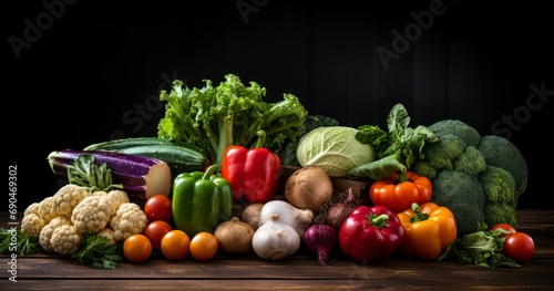 Fresh vegetables on wooden table on black background. Healthy eating concept