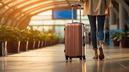 Close up lower body of woman traveller with luggage on airport photo