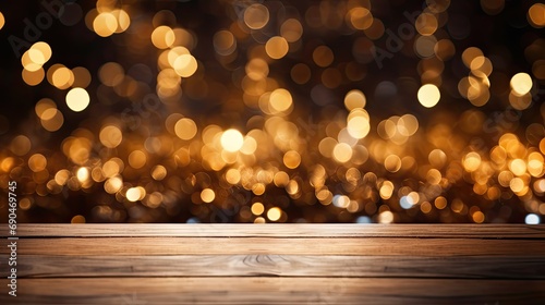 Golden sparkle with golden light. Wooden table as product mockup