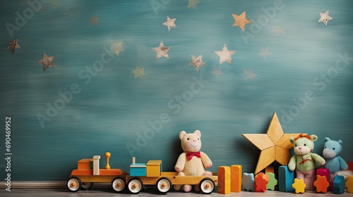 Framed kids toys on wooden background photo