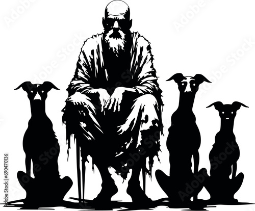 Silhouette of a vagabond and his faithful dogs