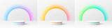 Set of white 3D cylinder podium background with yellow, green, blue and pink light in semi circle scene. Vector geometric forms. Abstract minimal scene background products display, Stage for showcase.