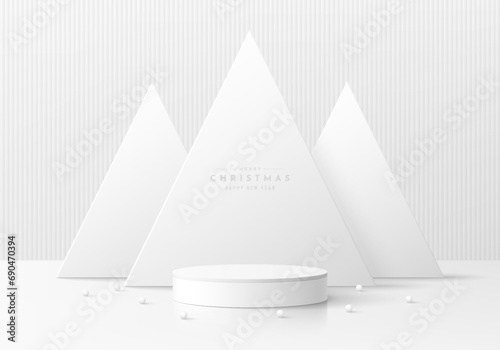 3D white cylinder pedestal podium background with white christmas tree in triangle shape. Mockup product display presentation. Abstract minimal scene. Stage showcase. Platforms vector geometric design
