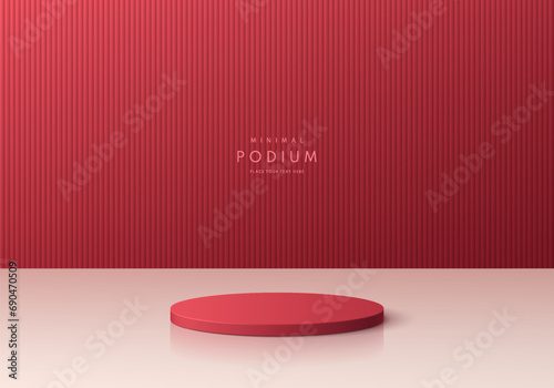 Realistic 3D red white cylinder podium pedestal background with vertical pattern wall scene. Abstract minimal mockup or product display presentation, Stage showcase. Platforms vector geometric design