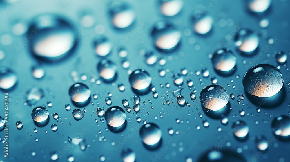 Droplets of water on blue background.  (Generative AI).
