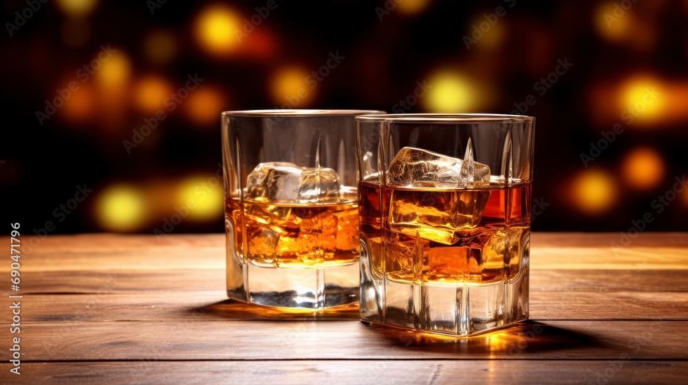 The Warmth of Whiskey Drinks Artfully Arranged on a Wooden Tabletop The Warmth of Whiskey Drinks Artfully Arranged on a Wooden Tabletop