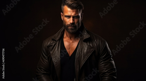 Close-up image of serious brutal bearded man on dark background Confident and dramatic concept