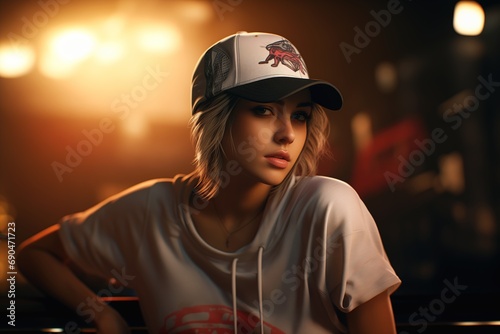 blond woman wearing baseball cap white shirt square quicksilver princess red person billboard sexy young bar