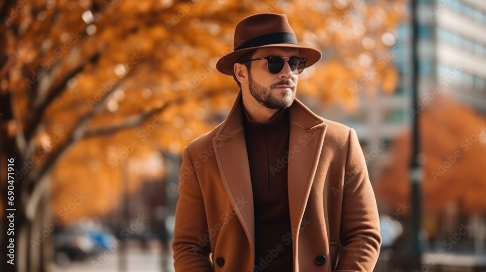 Spring - autumn outfit. Street fashion. Adult man in hat, sweater and wool coat. Spring - autumn outfit. Street fashion. Adult man in hat, sweater and wool coat.