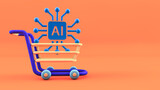 Marketing concept with artificial intelligence, new market research paradigms, business development system with AI. A PCB is inside a shopping cart on orange fund