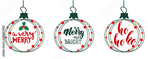 Christmas lettering in christmas balls. Typographic vintage hippie compositions for printout, stickers, holiday decoration. Winter holiday slogans. Christmas Baubles Clipart set.