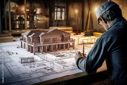 Blueprint Analysis: Engineer Overseeing Construction Plans