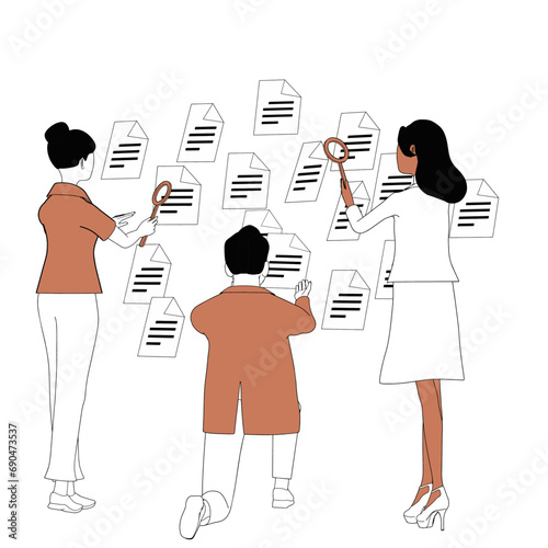 employees scan documents and through a magnifying glass