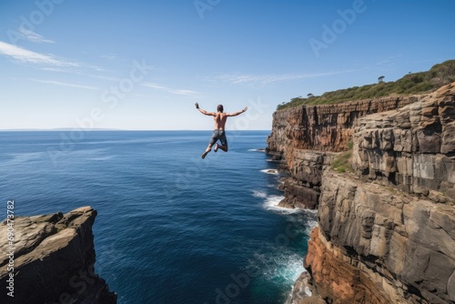 Ocean Leap: Thrill-Seeker Jumping from a High Cliff into the Sea