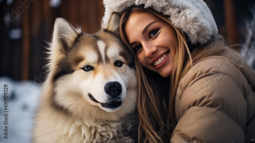 Portrait of a young beautiful couple of European appearance with a husky dog in the winter forest