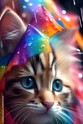 A dreamy cat wearing a rainbow umbrella and getting caught in the rain. Generative AI