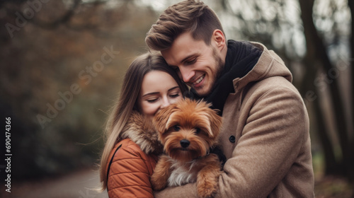 Beautiful couple cuddling and walking dogs outdoors in park