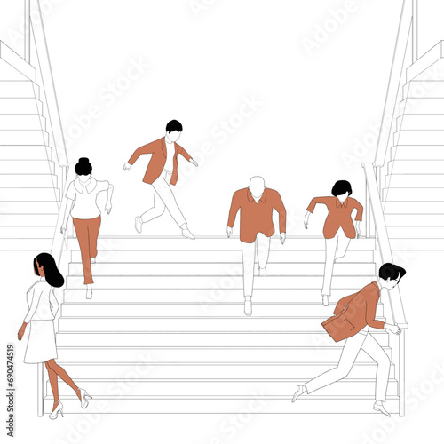 Office workers in a panic, running down the stairs