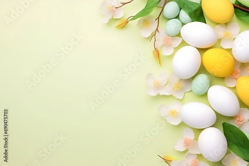 easter card, easter bunny with eggs, easter eggs and flowers, easter eggs in a basket, easter eggs and flowers on a white background, easter wall paper and background for social media