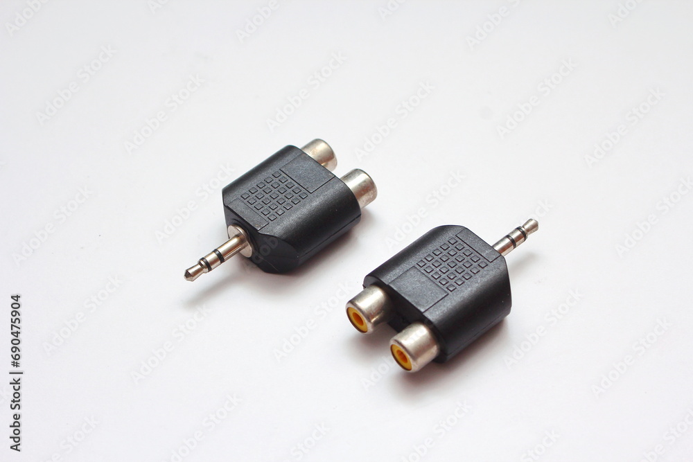 Audio and video connectors isolated on a white background. Close-up. Audio and video connectors isolated on a white background. Close-up.