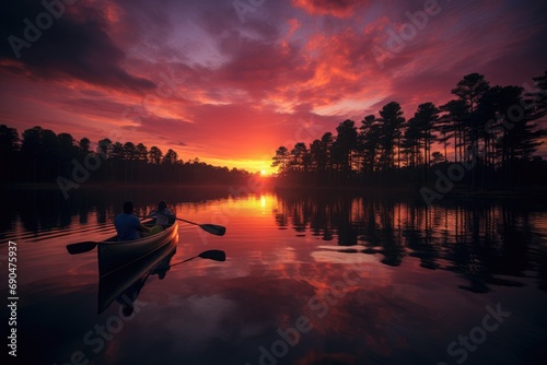 People canoeing on a calm lake with a backdrop of a sunset © Exotic Escape