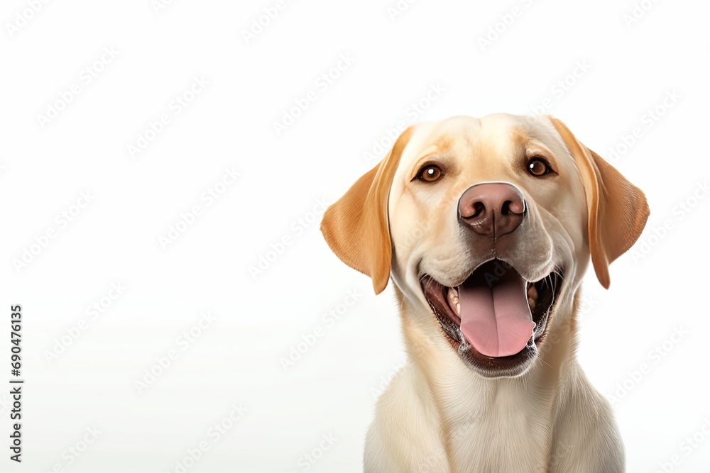 Adorable labrador retriever. Studio portrait of cute and playful brown dog. Isolated on white background purebred puppy captivates with its friendly expression happy eyes and tongue playfully