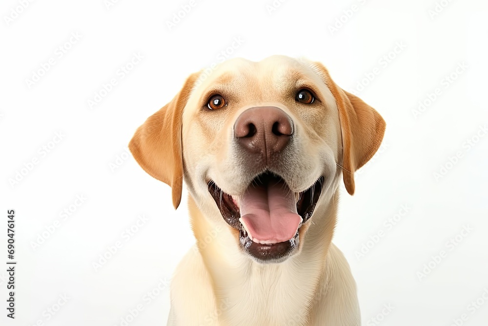 Adorable labrador retriever. Studio portrait of cute and playful brown dog. Isolated on white background purebred puppy captivates with its friendly expression happy eyes and tongue playfully Adorable labrador retriever. Studio portrait of cute and playful brown dog. Isolated on white background purebred puppy captivates with its friendly expression happy eyes and tongue playfully