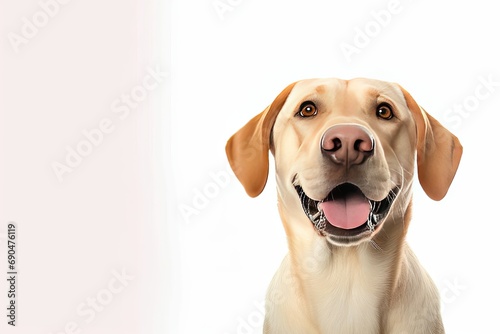Adorable labrador retriever. Studio portrait of cute and playful brown dog. Isolated on white background purebred puppy captivates with its friendly expression happy eyes and tongue playfully photo
