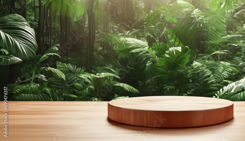 Wood counter podium pedestal with a jungle