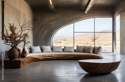 Modern and Spacious Living Room with Curved Wooden Sofa and Desert View