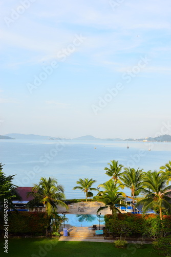 A beautiful view of Langkawi island against cloudy blue sky just before sunset during the wet season, located at Kedah, Malaysia - August 05 2023: 