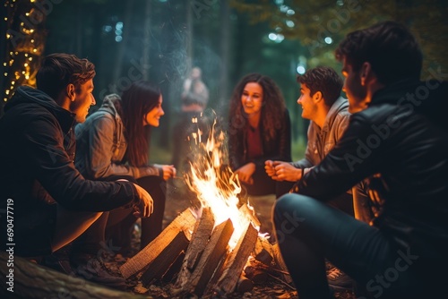 Starry Night Campfire: A group of friends sharing stories around a campfire under a star-filled sky