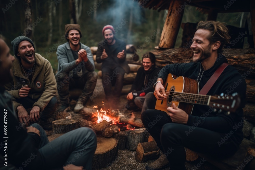 Friends laughing and enjoying music around a campfire in the woods