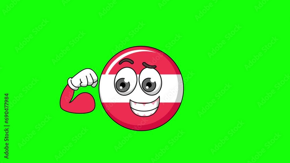 Flexing muscle of flag of austria cartoon, strong pose mascot animation on a green screen