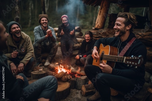 Friends laughing and enjoying music around a campfire in the woods