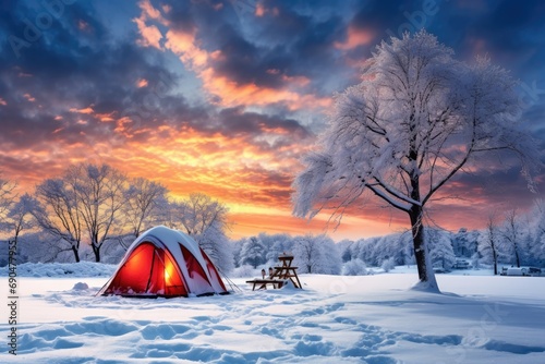 Winter Campsite: A tent pitched on snow-covered ground with frosty trees in the background