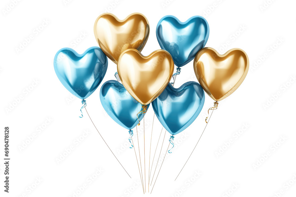 Gold and blue flying glossy foil heart balloons, white background isolated PNG