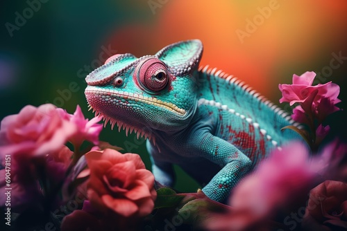 A vibrant chameleon camouflaging among multicolored flowers © Exotic Escape