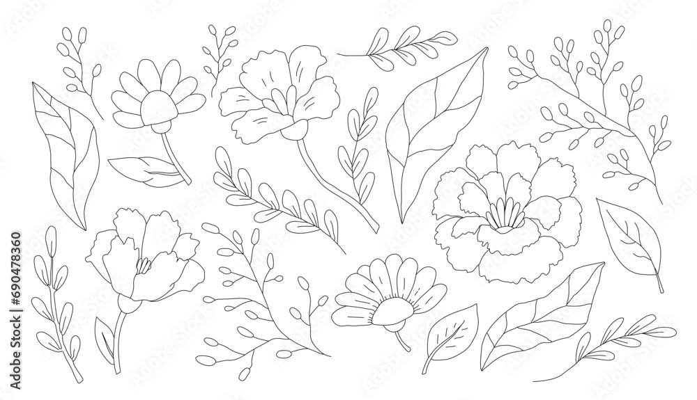 Fototapeta premium Set of cute abstract hand-drawn flowers and leaves. Black and white vector illustration.