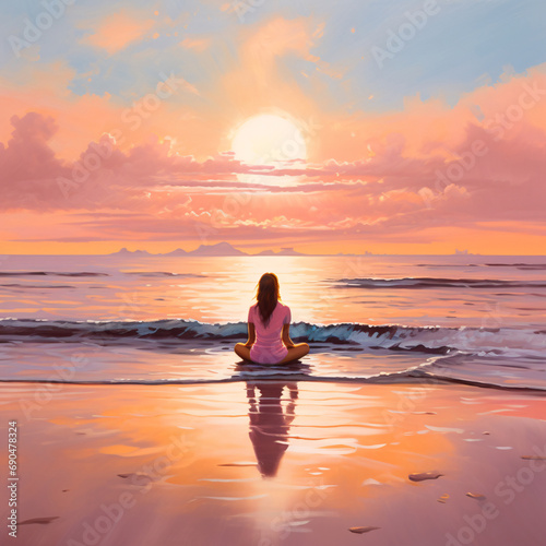 Serene Beach Scene Depicting Mindfulness and Relaxation with a Person Meditating at Sunset