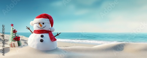 Sunny christmas delight. Snowman on sandy beach wearing santa hat smiles against blue sky and ocean. Unique and humorous holiday image brings together festive spirit of xmas with warmth of tropical