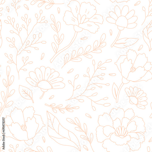 Floral seamless pattern of cute abstract hand-drawn flowers and leaves. Tender vector illustration.