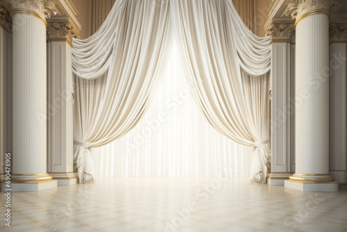 Golden white stage curtains, downstage and main valance of theatre