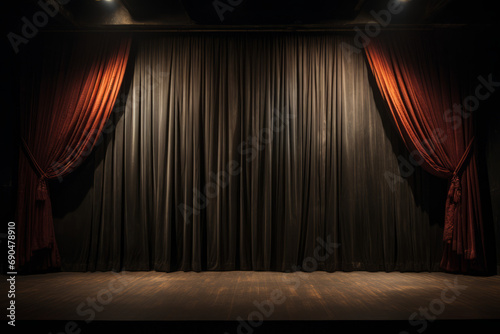 Grimdark stage curtains, downstage and main valance of theatre
