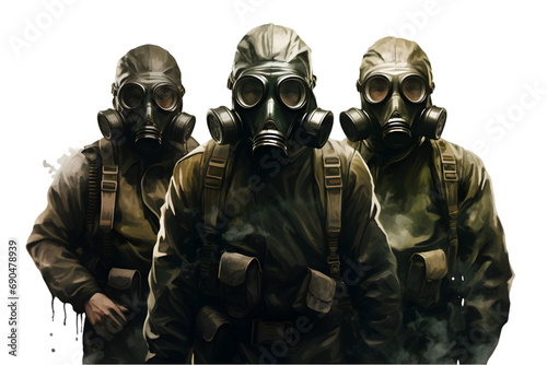 Soldiers with gas masks isolated on a white transparent background. Generative Ai. photo