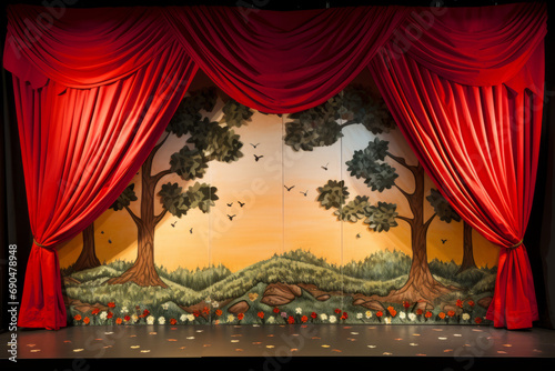 Storybook stage curtains, downstage and main valance of theatre