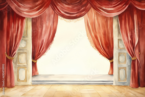 Water color illustration of stage curtains, downstage and main valance of theatre photo