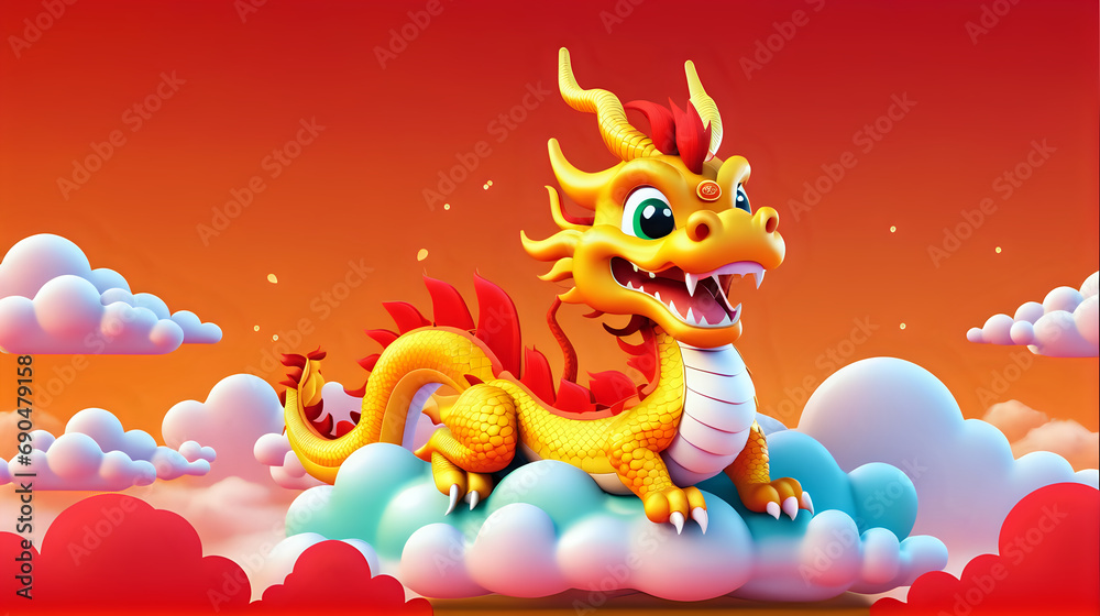 Happy Chinese new year 2024. Cute dragon on clound. Chinese new year banner template. 3D style.