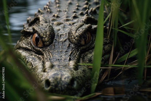 The close-up eye of a crocodile peering through the grass